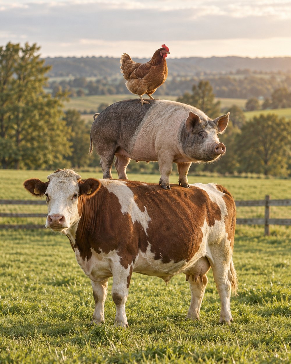 A chicken standing on a hog standing on a cow in a pasture